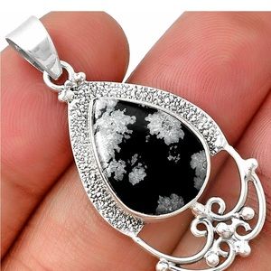 STERLING SILVER * Handcrafted Natural Snow Flake Obsidian Pendant